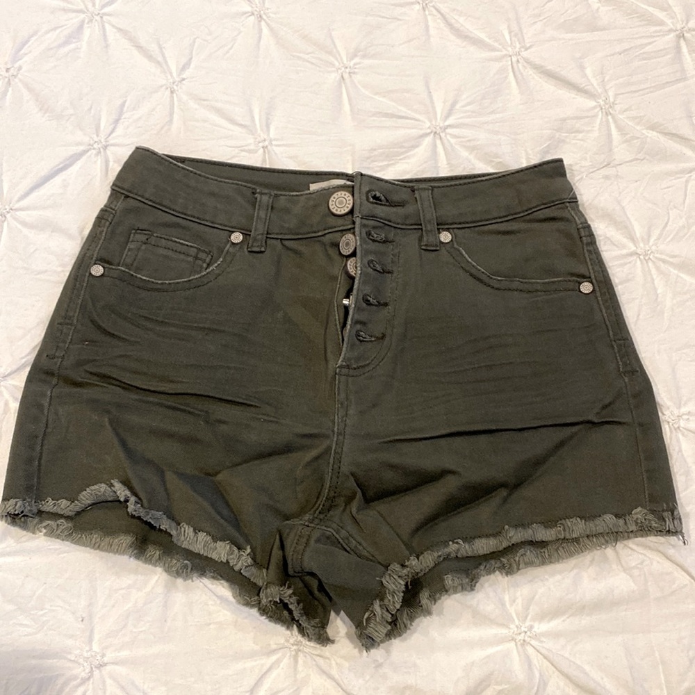 High waisted army green denim shorts, size 0